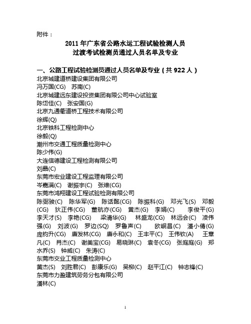 2011年广东公路水运考试通过名单