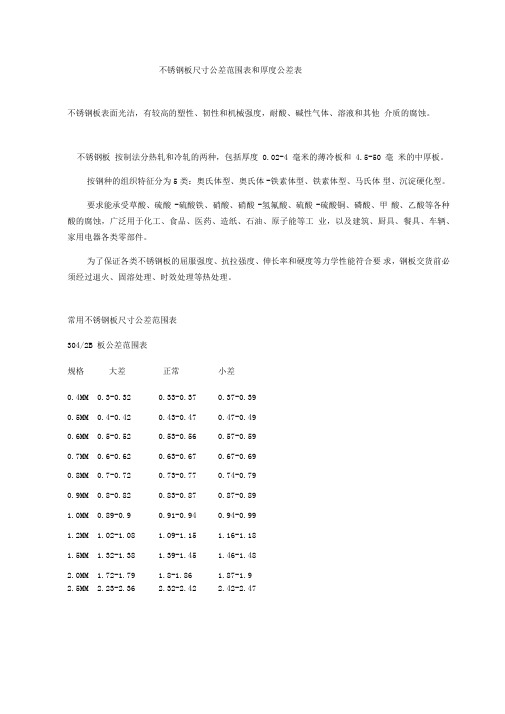 不锈钢板尺寸公差范围表和厚度公差表