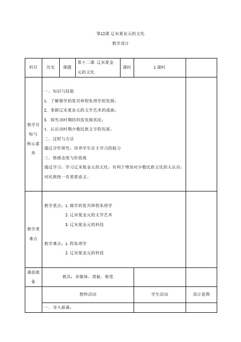 2019-2020学年高一历史部编版(2019)教案：第12课 辽宋夏金元的文化