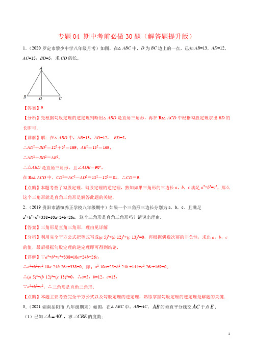 专题04 期中考前必做30题(解答题提升版)解析版