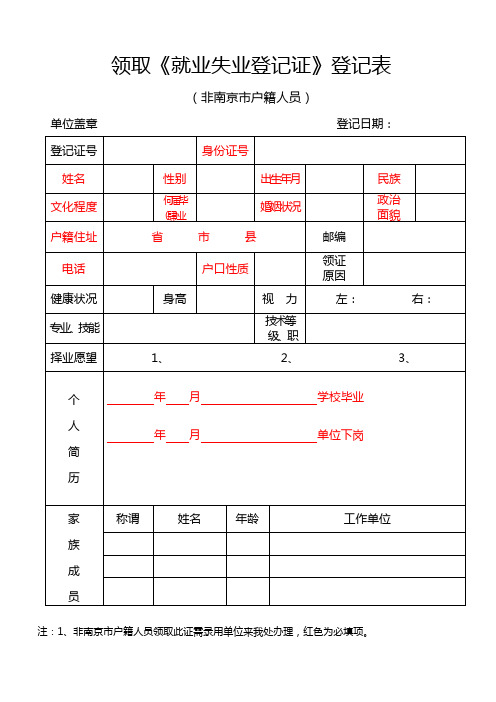 领取就业失业登记证登记表