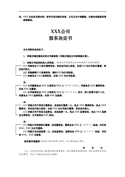 股东决定书模板-一人公司董监高变更完整版