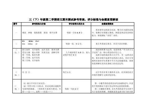 三年级语文期末测试参考答案、评分标准及命题意图