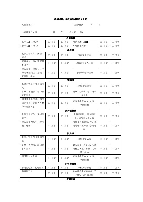 机房设备、系统运行及维护记录表【范本模板】