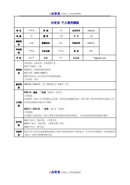 内审员个人简历模板