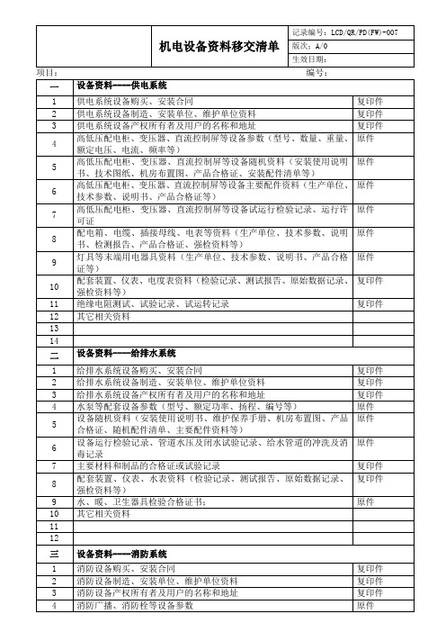 《物业管理实用表单》008机电设备资料移交清单