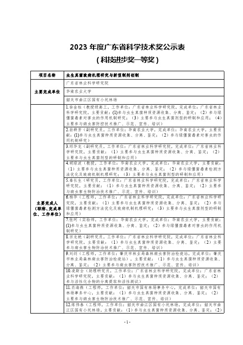 2023 年度广东省科学技术奖公示表 (科技进步奖一等奖)