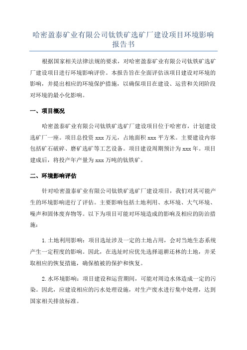 哈密盈泰矿业有限公司钛铁矿选矿厂建设项目环境影响报告书