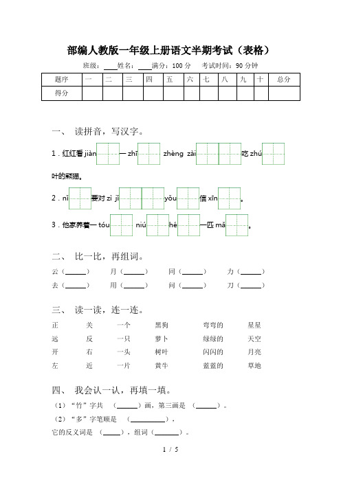 部编人教版一年级上册语文半期考试(表格)