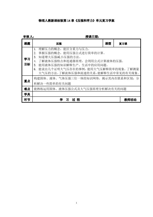 物理人教新课标版第14章《压强和浮力》单元复习学案