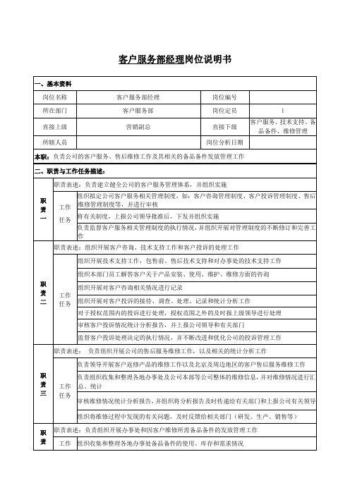 客户服务部经理岗位说明书