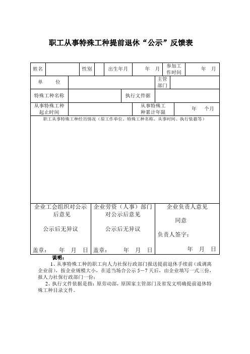 职工从事特殊工种提前退休“公示”反馈表-空白表格