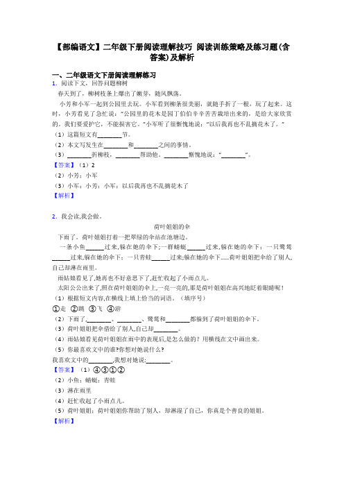 二年级【部编语文】二年级下册阅读理解技巧 阅读训练策略及练习题(含答案)及解析