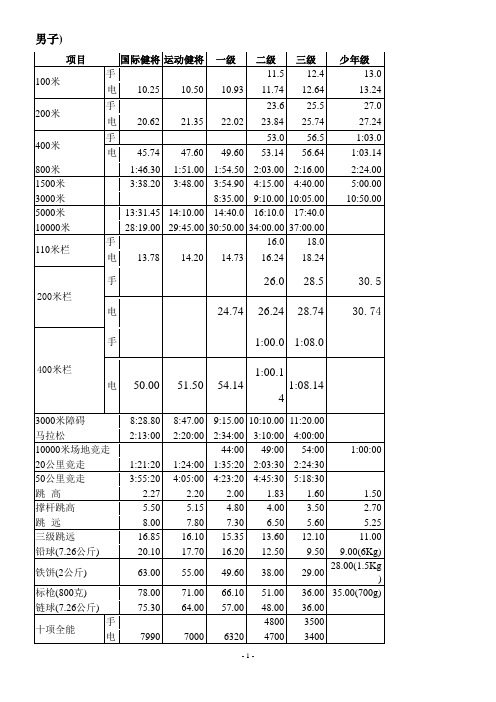 田径运动员技术等级标准(男子)