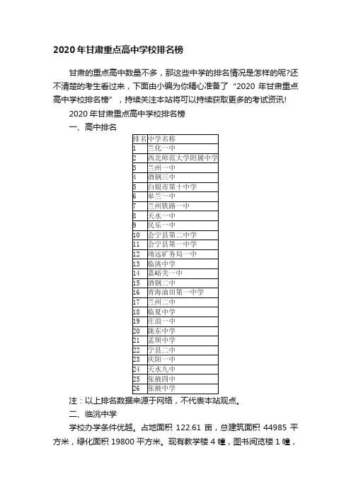 2020年甘肃重点高中学校排名榜