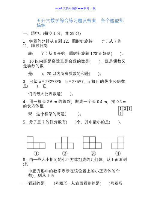 五升六数学综合练习题及答案,各个题型(精品推荐).doc