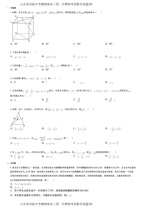 山东省实验中学2023届高三第一次模拟考试数学试题(3)