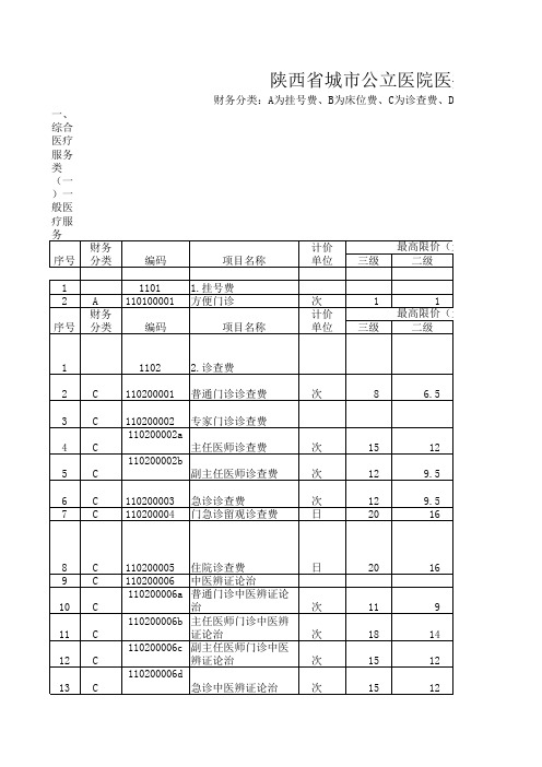 陕西省城市公立医院医疗服务项目价格(2017版)