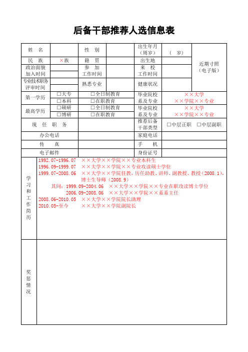 后备干部推荐人选信息表