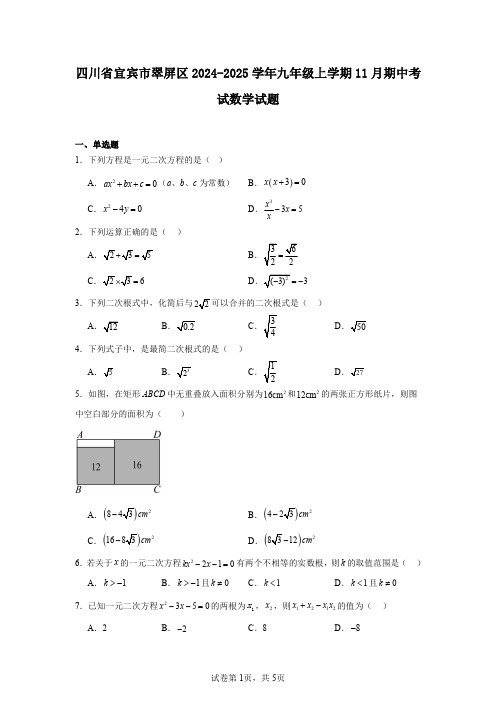 四川省宜宾市翠屏区2024-2025学年九年级上学期11月期中考试数学试题