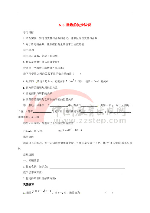 七年级数学上册 第五章 代数式与函数的初步认识 5.5 函数的初步认识导学案(无答案)(新版)青岛版