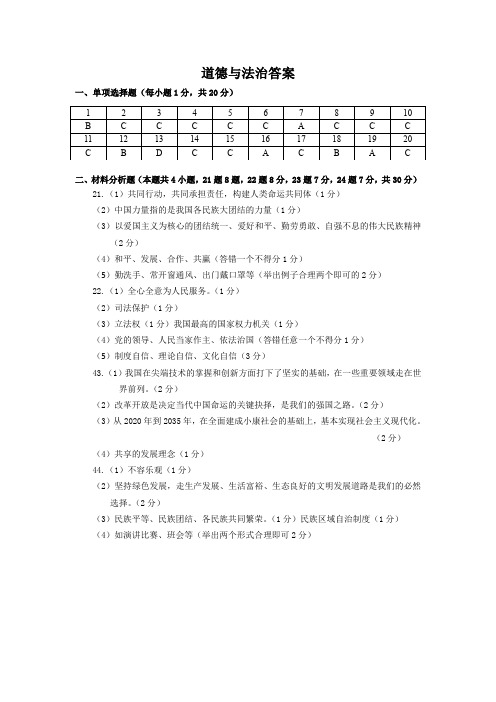 2021年丹东市初中毕业升学考试 道德与法治卷答案