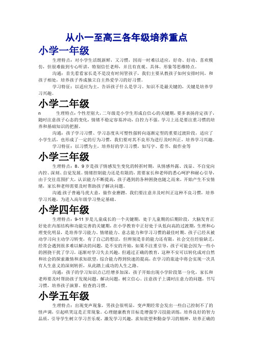 从小一至高三各年级培养重点