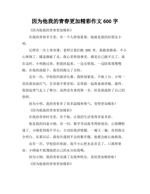 因为他我的青春更加精彩作文600字