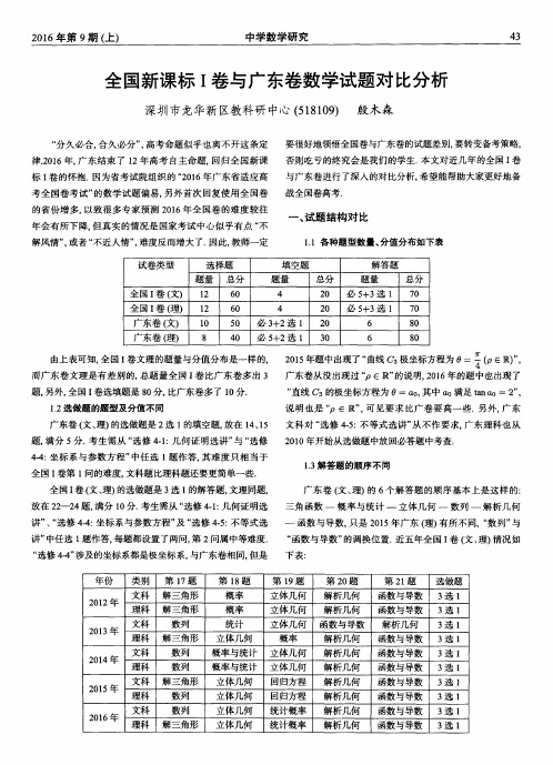 全国新课标I卷与广东卷数学试题对比分析