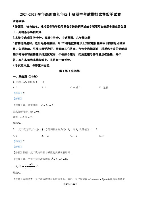 广东深圳2024-2025学年九年级上学期期中数学模拟试题(解析版)