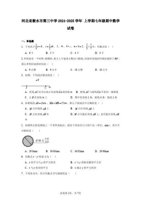 河北省衡水市第三中学2024-2025学年上学期七年级期中数学试卷