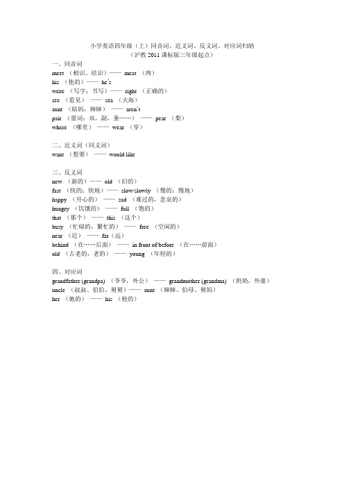 小学英语四年级(上)同音词、近义词、反义词、对应词归纳