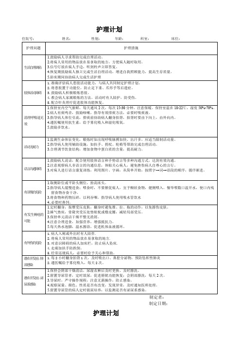 内二科标准护理计划表格