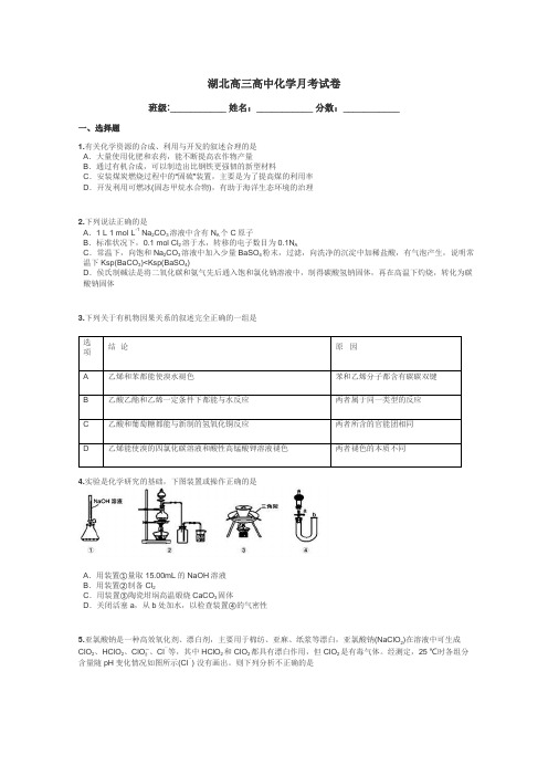 湖北高三高中化学月考试卷带答案解析
