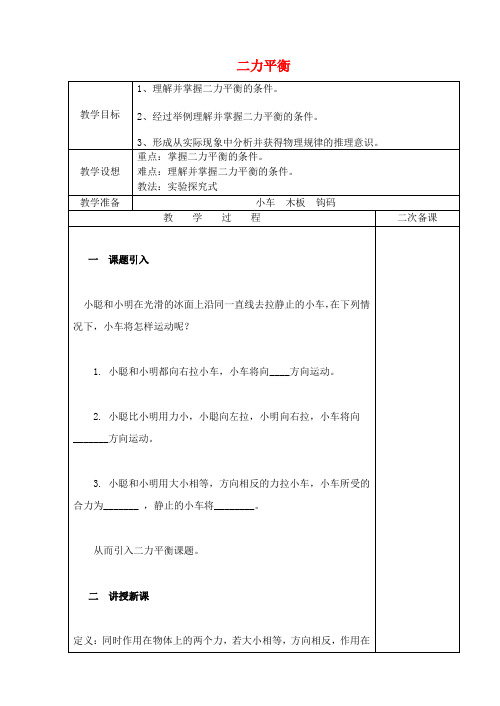 八年级物理下册9.1二力平衡教案(新版)苏科版