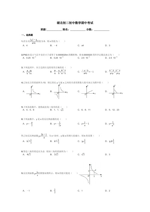 湖北初二初中数学期中考试带答案解析
