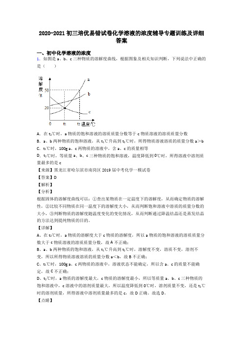 2020-2021初三培优易错试卷化学溶液的浓度辅导专题训练及详细答案