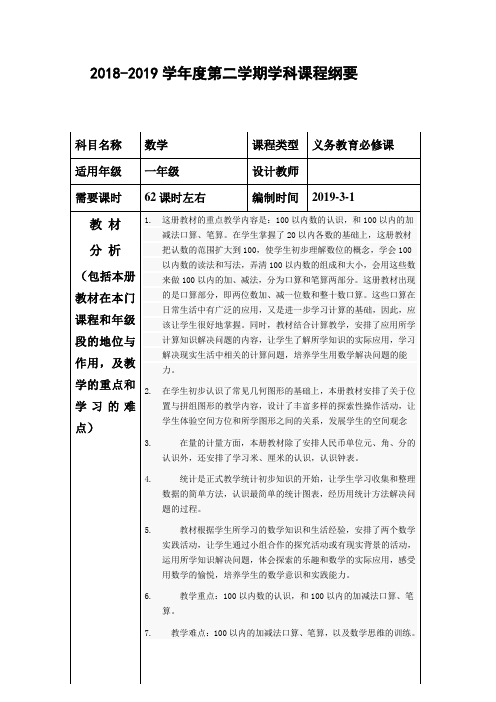 青岛版一年级下册数学课程纲要