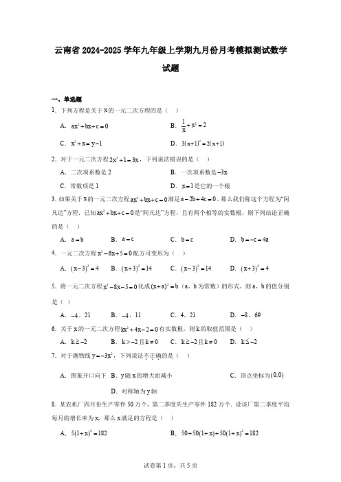 云南省2024-2025学年九年级上学期九月份月考模拟测试数学试题