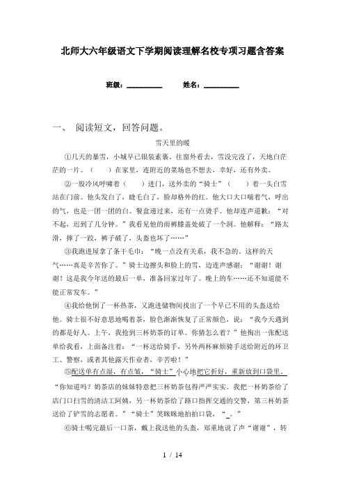 北师大六年级语文下学期阅读理解名校专项习题含答案