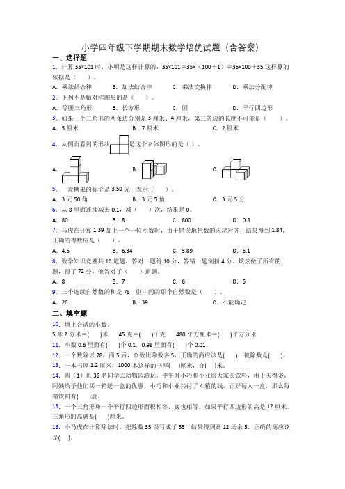 小学四年级下学期期末数学培优试题(含答案)