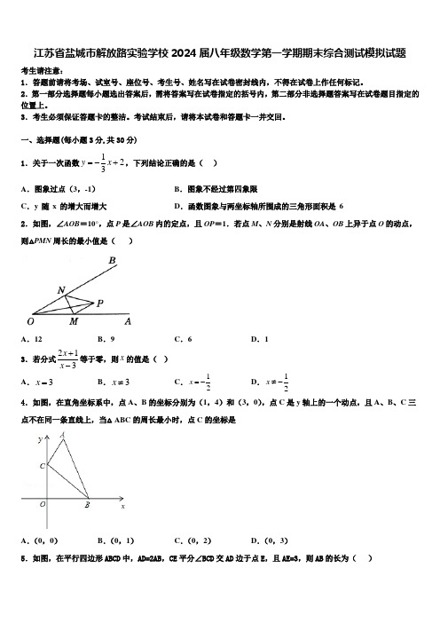 江苏省盐城市解放路实验学校2024届八年级数学第一学期期末综合测试模拟试题含解析