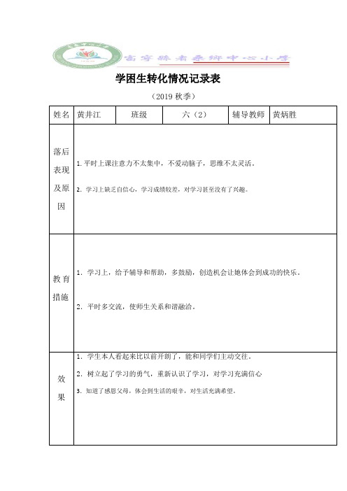 (黄炳胜)六年级科学学困生转化情况记录表