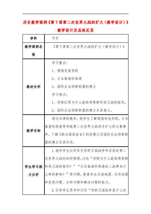 高中历史教学课例《第7课第二次世界大战的扩大(教学设计)》课程思政核心素养教学设计及总结反思