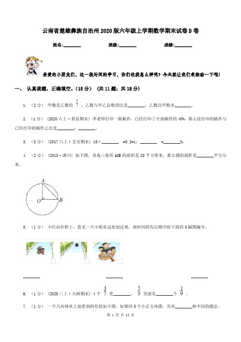 云南省楚雄彝族自治州2020版六年级上学期数学期末试卷D卷