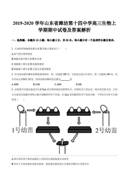 2019-2020学年山东省潍坊第十四中学高三生物上学期期中试卷及答案解析