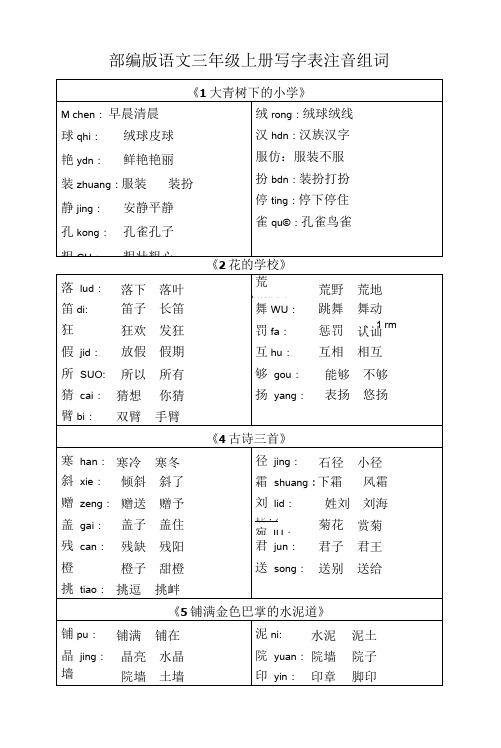 统编部编版小学三年级上册语文写字表注音组词