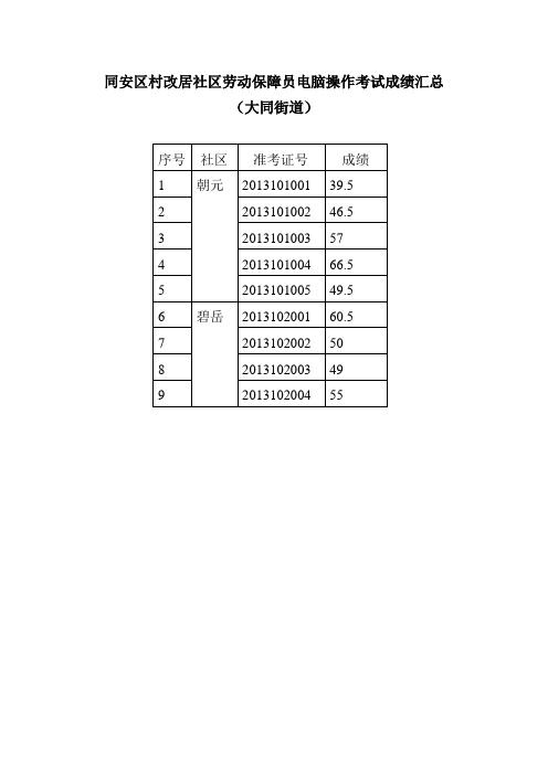 同安区村改居社区劳动保障员电脑操作考试成绩汇总