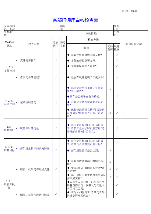 ISO9001各部门通用审核检查表