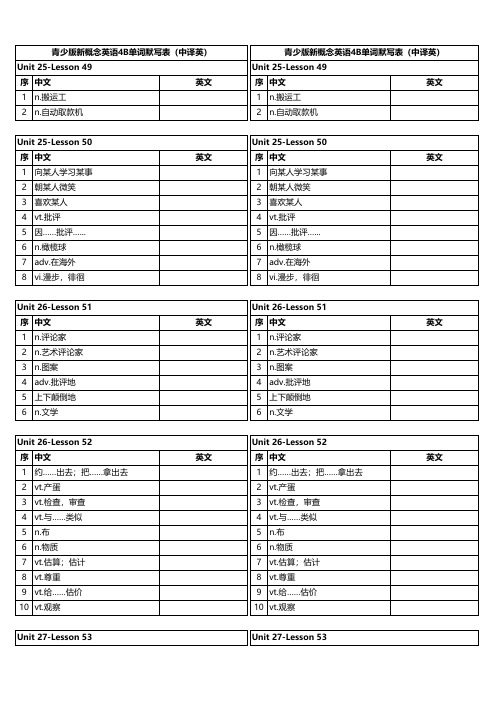 青少版新概念英语第4B册单词默写表  (中英)